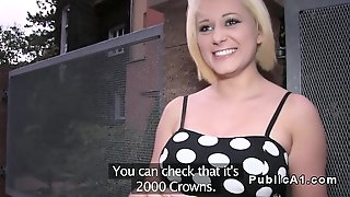 Busty blonde fucks outdoor in dusk