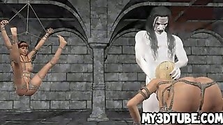 Tied up 3D cartoon blonde sucks cock..