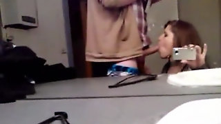 Brunette Bathroom Mirror Blowjob