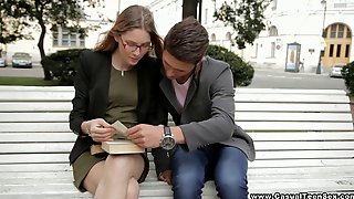 Nerdy blonde teen fucking her English..